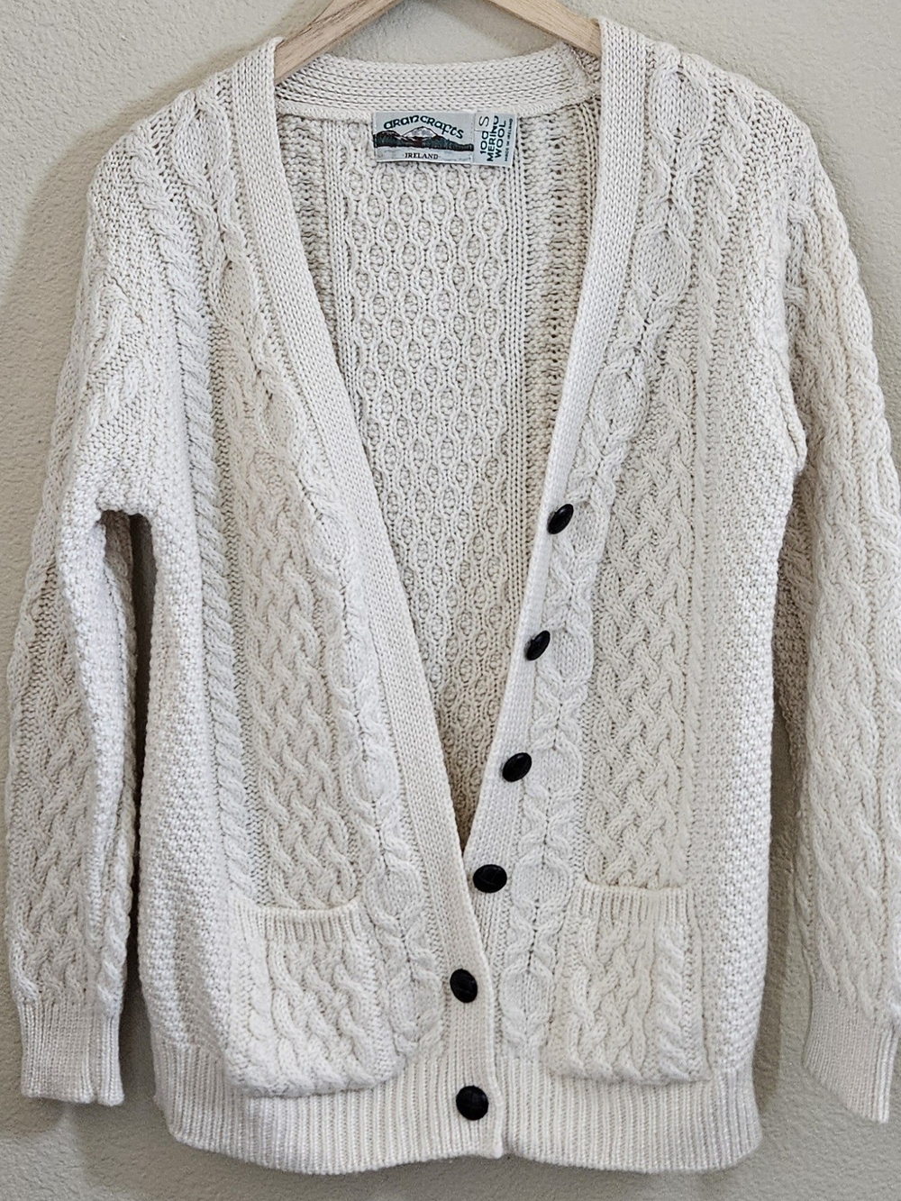 Aran Crafts Cream Cable-Knit Button Front Cardigan, MERINO WOOL,CREAM WHITE SMAL